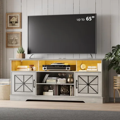 Miniatura 11 de Soporte de TV estilo granja para televisores de 65/60/55 pulgadas, centro de entretenimiento rústico con gabinetes de almacenamiento y puertas Negro