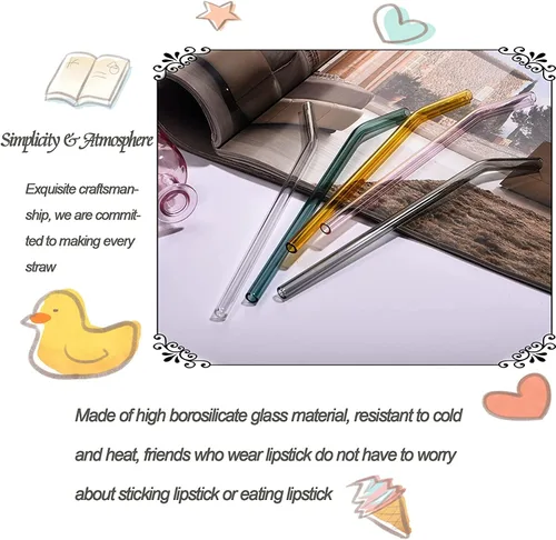 Miniatura 2 de 6 popotes de vidrio curvo coloridos reutilizables, 8 pulgadas, inastillables y resistentes al calor, incluye 2 cepillos de limpieza