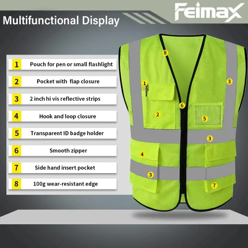 Miniatura 2 de FEimaX Chaleco de seguridad de alta visibilidad, chaleco de trabajo reflectante de malla para hombres y mujeres con bolsillos y cremallera, cumple