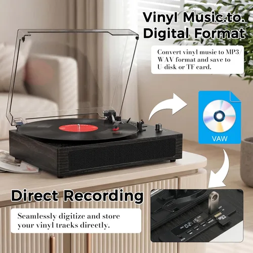 Miniatura 3 de Reproductor de discos de vinilo con Bluetooth, tocadiscos de 3 velocidades por correa con altavoces integrados, fácil configuración
