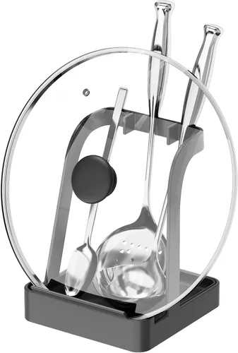 NiHome Soporte para tapa de olla grande y soporte para cuchara con bandeja de goteo extraíble, organizador de encimera de cocina de hierro negro