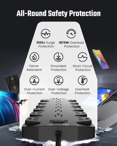 Miniatura 8 de SUPERDANNY Lámpara LED de escritorio con 18 tomas de corriente, protector de sobretensiones con puertos USB, cable de extensión resistente