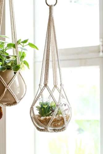 Miniatura 5 de Dahey Juego de 3 colgadores de macramé para plantas con ganchos, cesta colgante de interior de 35/29/23 pulgadas hecha a mano con cuerda de algodón