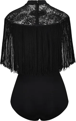 Miniatura 5 de Maillot de rendimiento con flecos para mujer, Sofia - Leotardo negro con flecos y canesú de encaje elástico