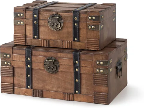 Soul & Lane Cajas de madera con tapas con bisagras, juego de 2, baúles decorativos para almacenamiento y decoración del hogar, cofres del tesoro de
