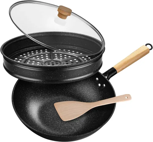 Wok antiadherente con cesta para cocinar al vapor, sartenes para freír de 12 pulgadas con tapa, sartenes de fondo plano multifuncionales Utensilios