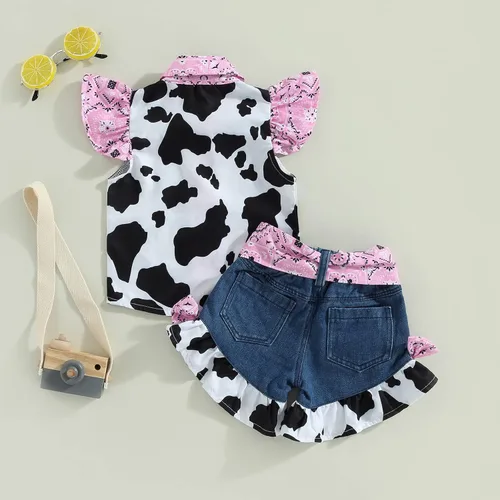 Miniatura 4 de Emmababy Trajes de mezclilla occidentales para niñas pequeñas, con volantes, sin mangas, con estampado de vaca, con botones, con cinturón