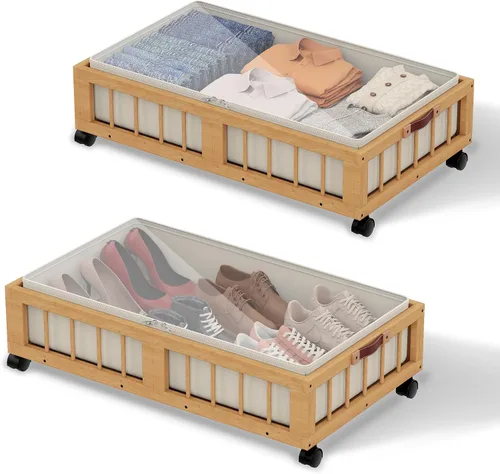 Miniatura 9 de efluky Paquete de 2 contenedores de almacenamiento de bambú debajo de la cama con ruedas, cesta de almacenamiento de ropa debajo de la cama