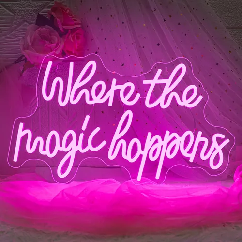 Letrero de neón con texto en inglés "Where The Magic Happens" con luz LED rosa para decoración de pared, letras alimentadas por USB, luz de neón