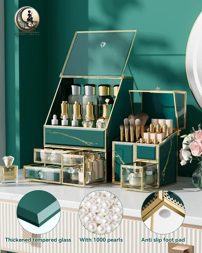 Miniatura 2 de CoralHouse Organizador de maquillaje ámbar, organizador de tocador de vidrio para cuidado de la piel, lápices labiales, perfumes, brochas