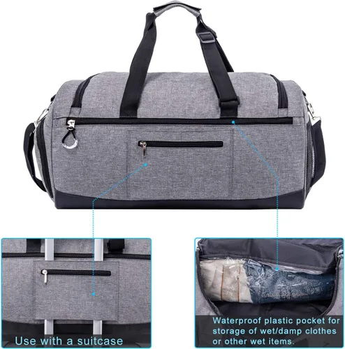 Miniatura 5 de Kuston Bolsa de gimnasio deportiva con compartimento para zapatos y bolsillo húmedo, bolsa de lona para gimnasio para hombres y mujeres, Gris
