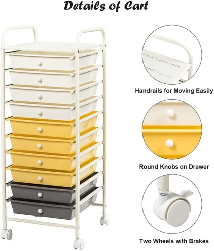 Miniatura 7 de Giantex - Carro de almacenamiento con ruedas, 10 cajones, organizador para papelería, oficina o escuela (Beige+Amarillo+Gris)