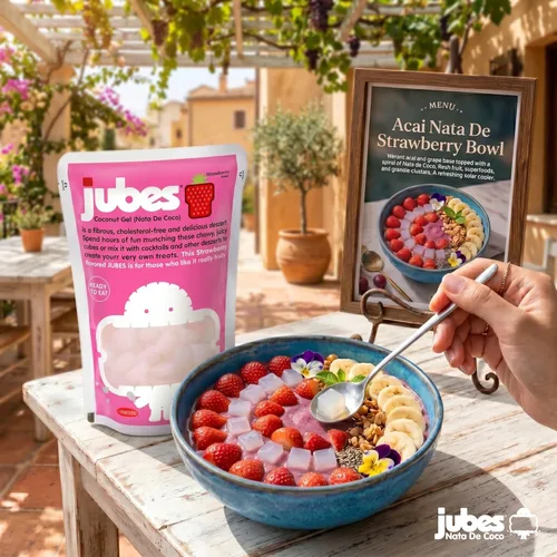 Miniatura 5 de Jubes Strawberry Nata De Coco Jelly Cubes (12.7 onzas, paquete de 3) – Cubos de gelatina de coco y fresa para sagú – Gel de coco en ingredientes