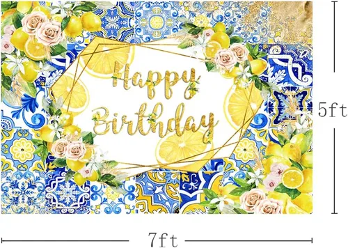 Miniatura 3 de MEHOFOND Telón de fondo de limón con diseño de feliz cumpleaños, azulejos azules, fondo mediterráneo de Marruecos, decoración de fiesta