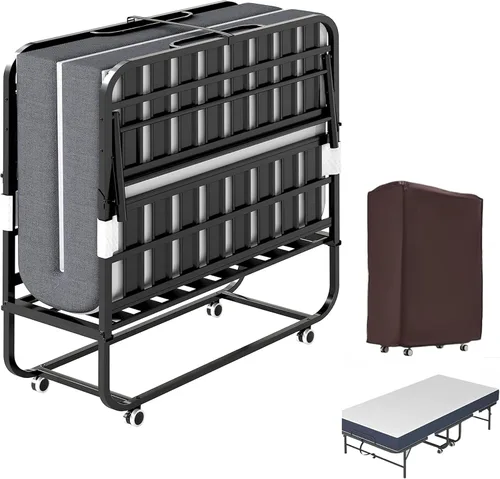 Miniatura 9 de Cama plegable de 75 x 31 pulgadas con colchón para adultos, cama enrollable portátil con ruedas, cabecero y bolsillo, colchón de espuma
