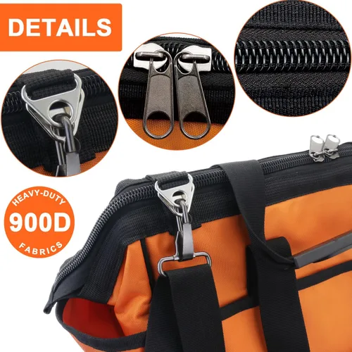 Miniatura 7 de Bolsa de herramientas resistente de 16 pulgadas, base de plástico moldeada, tela Oxford 900D impermeable, organizador de herramientas de boca ancha