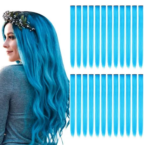 Kyerivs 24 Extensiones de Cabello Azul de 20 Pulgadas con Pinza Arcoíris, Extensiones Sintéticas Lacias para Niñas, Accesorios de Cabello Coloridos