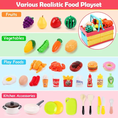 Miniatura 2 de HOLYFUN Juego de juguetes de comida para niños, cesta de la compra con accesorios de corte de frutas y verduras, olla y sartén, platos de plástico