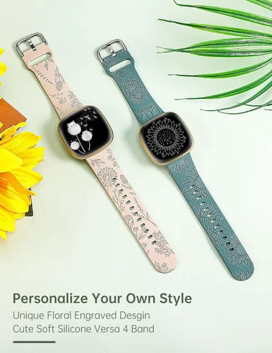 Miniatura 2 de Minyee Paquete de 2 correas grabadas florales compatibles con Fitbit Versa 4/Versa 3/Sense 2/Sense Band para mujer, lindo diseño de girasol