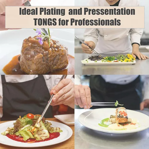 Miniatura 5 de Pinzas de precisión profesionales de acero inoxidable culinario con puntas dentadas, pinzas para servir con detalles de presentación de alimentos