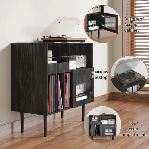 Miniatura 3 de HedoAjim Soporte grande para tocadiscos con almacenamiento de vinilo, soporte para tocadiscos con puerta acrílica, mesa auxiliar para tocadiscos