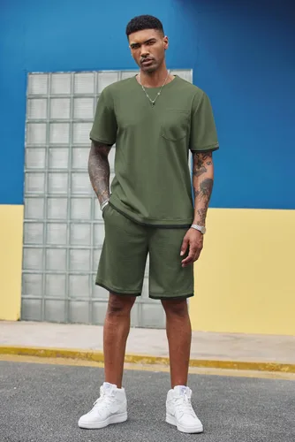 Miniatura 10 de COOFANDY Conjunto de camisa y pantalones cortos de gofre para hombre, conjunto de 2 piezas, conjunto casual de verano con bolsillos