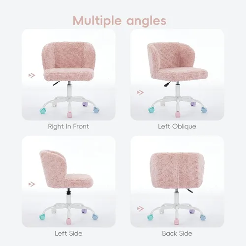 Miniatura 5 de Silla de escritorio de piel sintética con base de metal blanco, silla de oficina giratoria ajustable con ruedas, cómoda silla de maquillaje