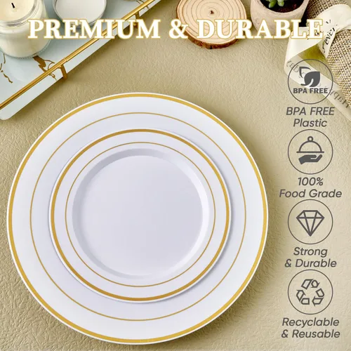Miniatura 3 de FOCUSLINE Juego de 102 platos de plástico dorados, desechables, resistentes, 51 platos llanos y 51 platos de postre, elegante plato de plástico