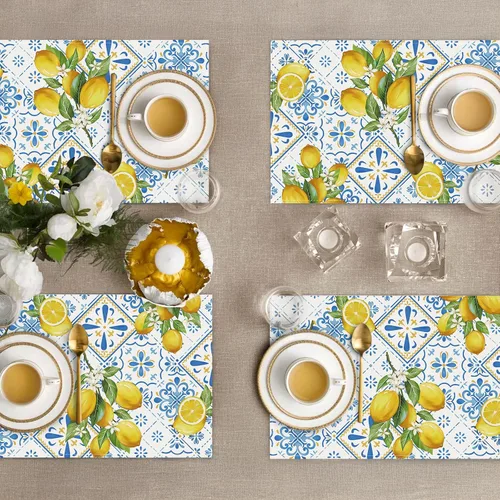 Miniatura 4 de Bonhause Juego de 4 manteles individuales de verano de limón de 12 x 18 pulgadas, azulejos italianos azules, limones, frutas amarillas