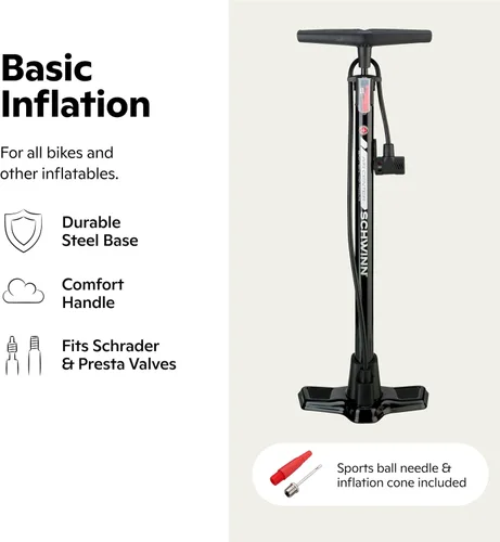Miniatura 2 de Schwinn Serie Air Center o bomba de piso básica, para una gama de bicicletas, 100, 120 o 160 PSI, mango de agarre suave, cabezal doble para válvulas