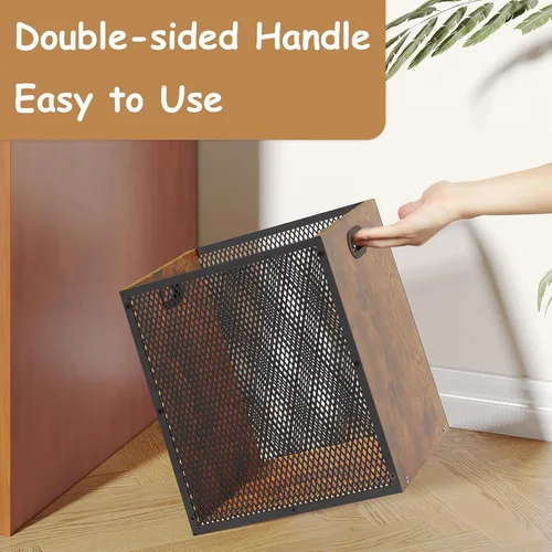 Miniatura 8 de Huxitocan - Cubo de basura retro para oficina, combinación de hierro y madera para dormitorio, cesta de basura rectangular con asa, diseño