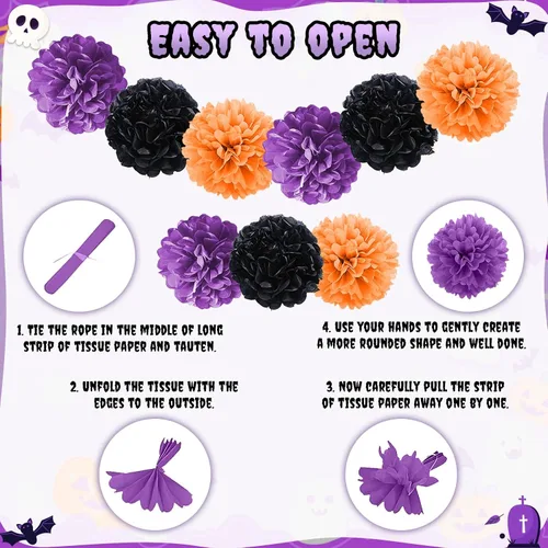 Miniatura 5 de Juego de decoraciones de fiesta morado, negro y naranja, kit de decoraciones de Halloween que incluye pancarta HAPPY HALLOWEEN, globos de papel