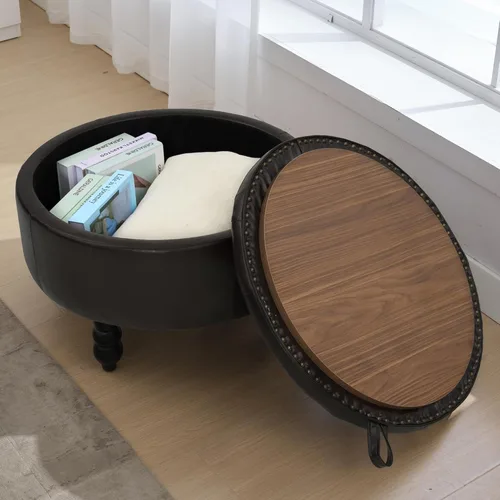 Miniatura 2 de Otomana de almacenamiento redonda de cuero PU de 30 pulgadas con bandeja, mesa de centro moderna tapizada con capitoné con almacenamiento, otomana