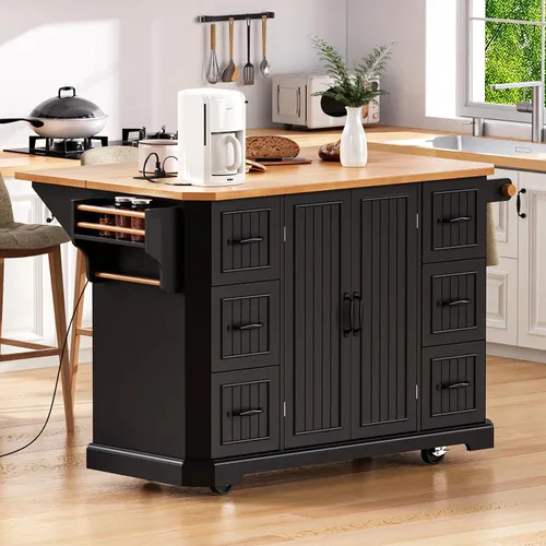 Miniatura 12 de Isla de cocina de 2 hojas caídas sobre ruedas, carrito de cocina rodante con tomas de corriente, mesa de isla de cocina con 2 gabinetes