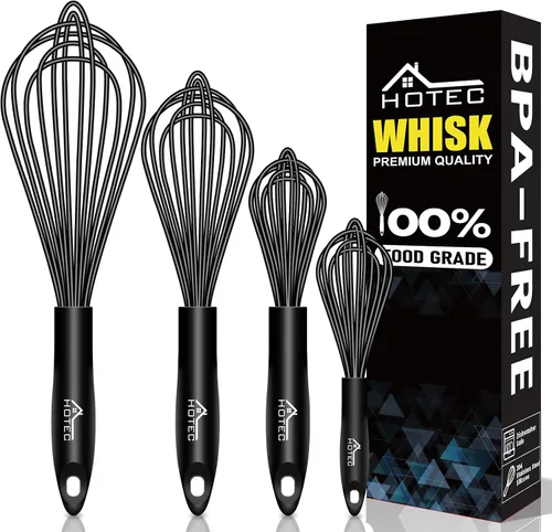 HOTEC Juego de 4 batidores de silicona, batidores de alambre para cocinar huevos, batidor de mango antideslizante para utensilios de cocina