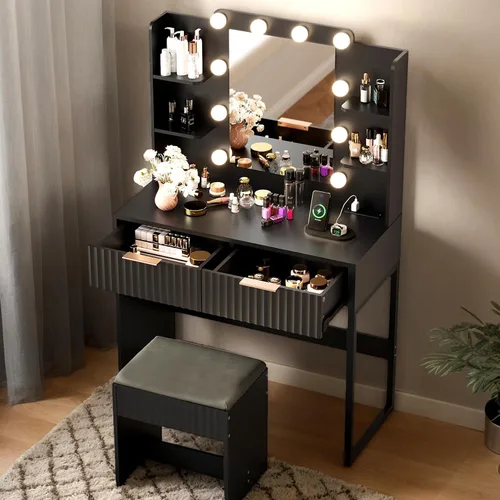 Miniatura 15 de VINGLI - Escritorio de maquillaje con estantes acanalados y espejo con luces y toma de corriente, mesa de tocador pequeña con 2 cajones y 4 estantes