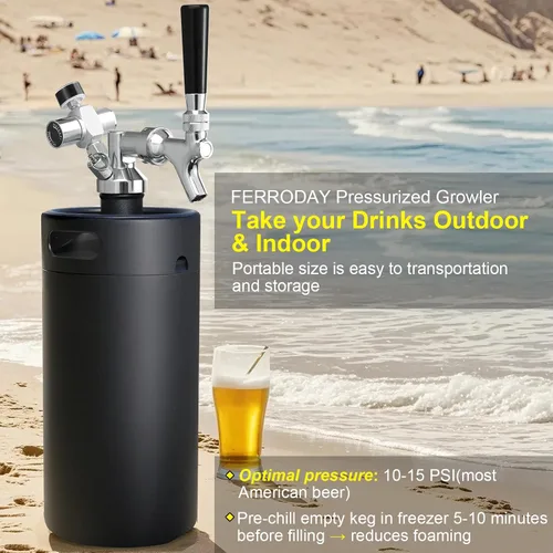 Miniatura 6 de Ferroday Growler de cerveza de acero inoxidable de 128oz 128oz, mini barril portátil de barril (negro)