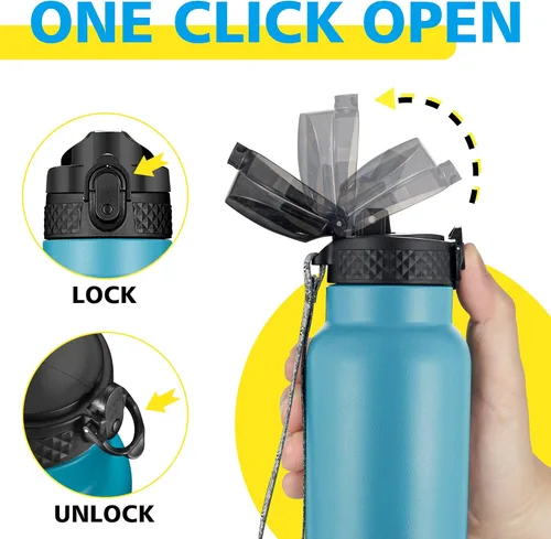 Miniatura 4 de Han's Bottle Botella de agua deportiva de 32 onzas, tapa con pajilla, a prueba de fugas, acero inoxidable aislado al vacío, doble pared, taza Océano