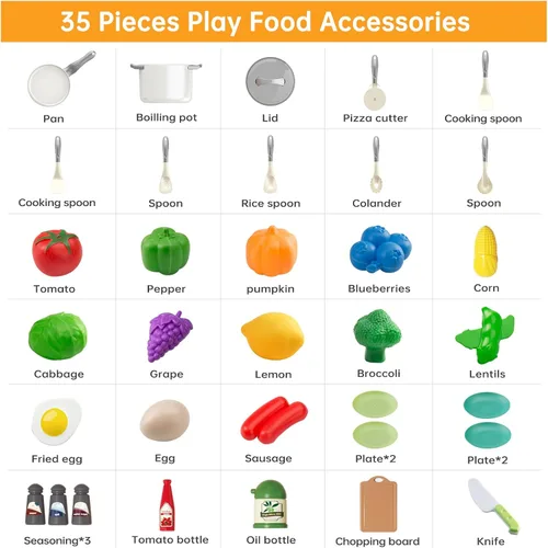 Miniatura 3 de 35 piezas de accesorios de juguete de cocina para niños, juego de cocina de simulación para niños pequeños con ollas, sartenes, utensilios, juego