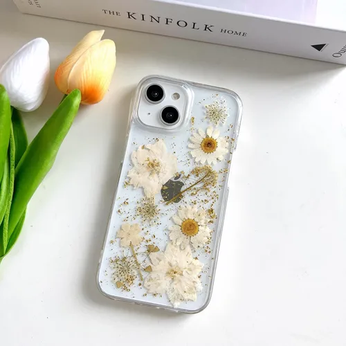 Miniatura 3 de LSEEKA Funda transparente para iPhone 13 Mini/iPhone 12 Mini con diseño de flores reales prensadas, con purpurina, bonito patrón floral blanco, Oro