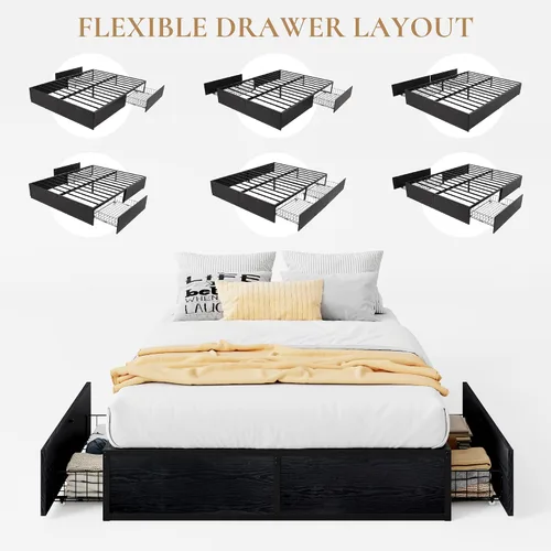 Miniatura 6 de SHA CERLIN Base de cama de plataforma Queen con 2 cajones de almacenamiento grandes, madera rústica y metal, sin ruido, fácil montaje, no necesita