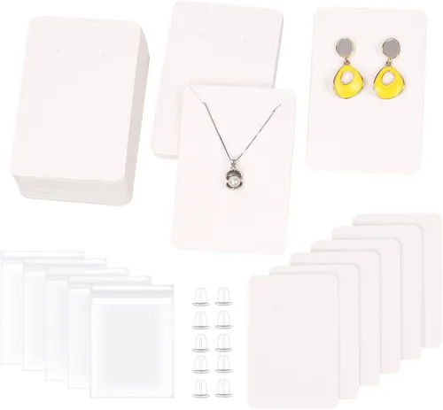 Miniatura 10 de Swpeet Juego de 550 tarjetas de exhibición de aretes de 3 colores, 3.5 x 2.4 pulgadas, papel kraft cuadrado blanco y negro, tarjetas con parte Kit
