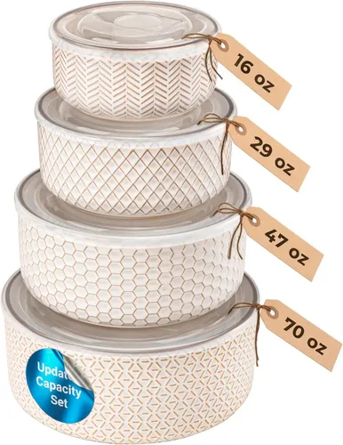 Miniatura 10 de KooK Tazones para servir, con tapas, cuencos de cerámica para anidar, juego de 4, en relieve, cocina, preparación, apilables, regalo, aptos