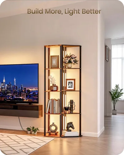 Miniatura 8 de Estante de exhibición de 64.2 pulgadas con luz, lámpara de pie de esquina moderna con estantes, lámpara de pie LED regulable con control remoto