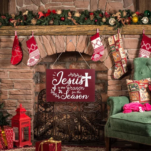 Miniatura 6 de Letrero colgante de madera de Jesús con la frase "Jesús es la razón de la temporada", decoración de pared para árbol de Navidad, decoración de pared