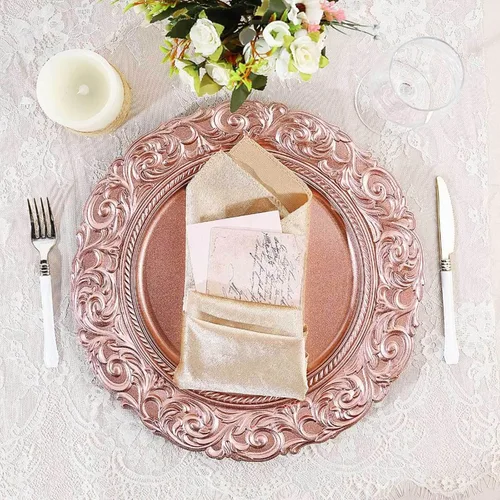 Miniatura 16 de Efavormart juego de 6 platos de plástico redondos de 35.56 cm, negro/dorado con diseño barroco grabado en el borde para eventos de boda y fiesta