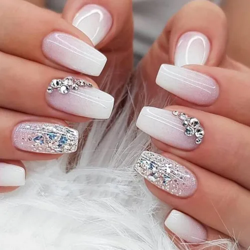 Miniatura 35 de 24 uñas postizas a presión de punta francesa, uñas acrílicas medianas falsas/falsas con diamantes de imitación de flores, diseños de punta francesa
