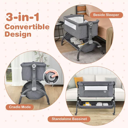 Miniatura 3 de BABY JOY Cuna de bebé, Cuna mecedora 3 en 1 con cesta de almacenamiento, diseño de doble bloqueo, 7 alturas ajustables, colchón suave y bolsa de Gris