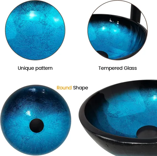 Miniatura 5 de Fregadero de baño de 12 pulgadas, lavabo de vidrio templado, cuenco redondo con grifo combinado, azul