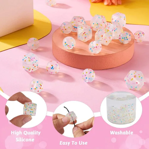 Miniatura 2 de Pandahall - 20 cuentas redondas de silicona con confeti transparente de 0.59 pulgadas (0.591 in), cuentas focales de silicona hexagonales de lunares